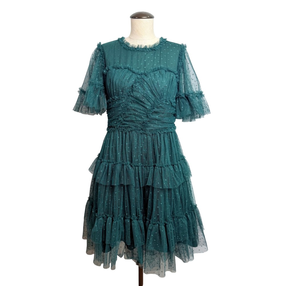 Ivy City Co Green Tulle Swiss Dot Tiered Ruffle Midi Dress Womens Medium